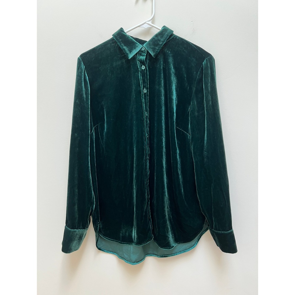 Talbots Button Down Women M Green Velvet Shirt Long Sleeve Holiday Blouse